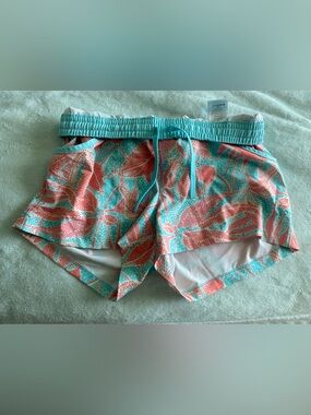 Columbia Women’s Athletic Shorts in Teal and Coral Leaf Print